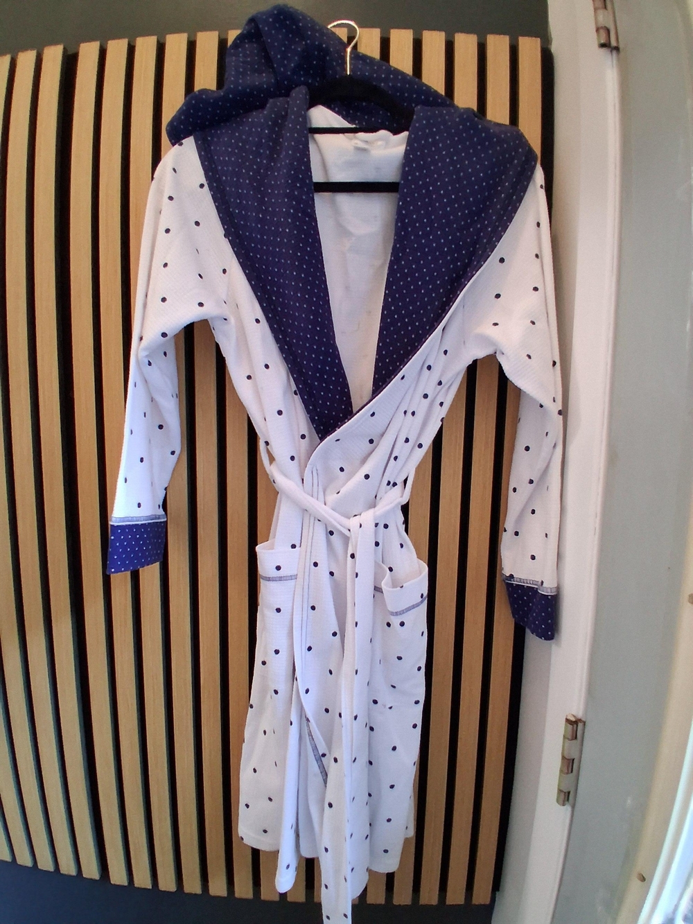 Women White and Navy Polka Dot Hooded One-Piece Robe  claudel